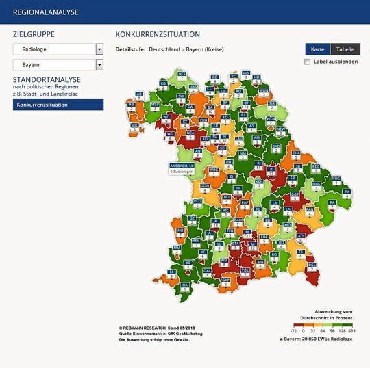 Die abgebildete Landkarte zeigt exemplarisch die Anzahl der in der ambulanten Versorgung teilnehmenden Radiologen in Bayern. Per Mouseover können User die Anzahl der Einwohner pro radiologischer Praxis sehen. Jedes Gebiet kann auch hinsichtlich anderer Merkmale angezeigt werden. Die abgebildete Landkarte zeigt exemplarisch die Anzahl der in der ambulanten Versorgung teilnehmenden Radiologen in Bayern. Per Mouseover können User die Anzahl der Einwohner pro radiologischer Praxis sehen. Jedes Gebiet kann auch hinsichtlich anderer Merkmale angezeigt werden.
