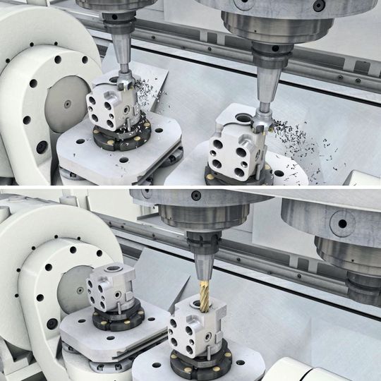 Hochproduktiv doppelspindlig fertigen mit Einspindel-CNC-korrigierter Finishbearbeitung. Alle Werkstücke/Nester können mit nur einer Spindel erreicht werden. Hochproduktiv doppelspindlig fertigen mit Einspindel-CNC-korrigierter Finishbearbeitung. Alle Werkstücke/Nester können mit nur einer Spindel erreicht werden.