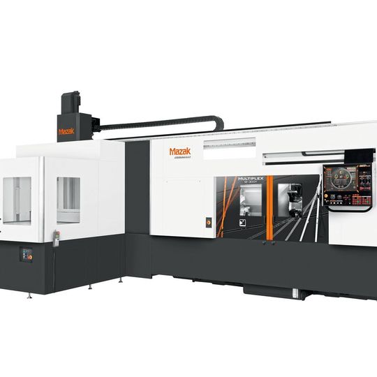 Yamazaki Mazaks neueste CNC-Drehlösung mit Automatisierungssystem, die Multiplex W-300Y mit GL-200, besteht aus einer Maschine mit zwei Spindeln und zwei Revolvern, die durch ein schnelles Portalladesystem komplettiert wird. Yamazaki Mazaks neueste CNC-Drehlösung mit Automatisierungssystem, die Multiplex W-300Y mit GL-200, besteht aus einer Maschine mit zwei Spindeln und zwei Revolvern, die durch ein schnelles Portalladesystem komplettiert wird.