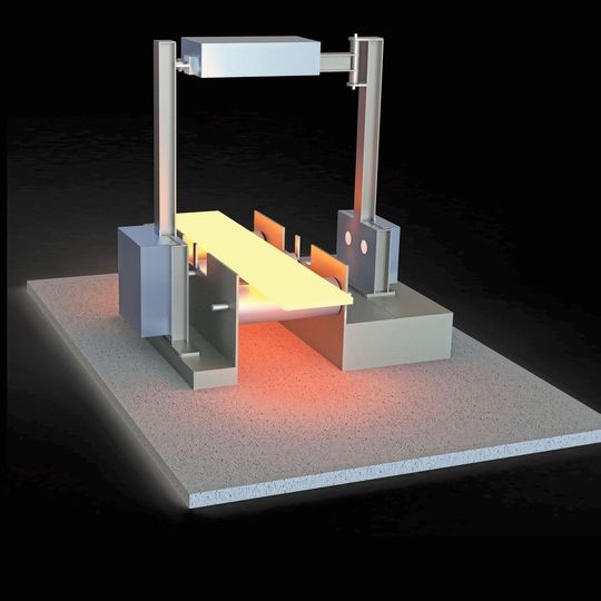 Rendering der Messtechnik von Mecorad: An einem Bügel sind rund um die Walzstraße Radarsensoren angebracht, die das noch glühende Metall mikrometergenau vermessen. Rendering der Messtechnik von Mecorad: An einem Bügel sind rund um die Walzstraße Radarsensoren angebracht, die das noch glühende Metall mikrometergenau vermessen.