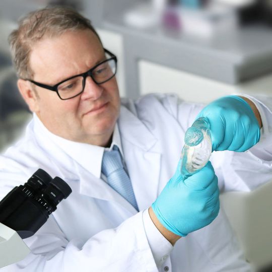 Dr. Storsberg, Wissenschaftler am Fraunhofer IAP und Gutachter in Gerichtsverfahren, die Brustimplantate betreffen, untersucht ein Brustimplantat mit austretender Gelfüllung. Dr. Storsberg, Wissenschaftler am Fraunhofer IAP und Gutachter in Gerichtsverfahren, die Brustimplantate betreffen, untersucht ein Brustimplantat mit austretender Gelfüllung.