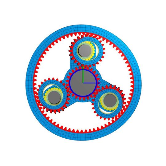 Das Bild zeigt die Deformationen in einer Planetenstufe mit 3D-elastischem Planetenträger, Planet und Hohlrad.