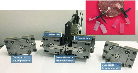 Bild 2: Die für die Untersuchungen genutzten 2K-Mikro-Spritzgieß-Werkzeuge nebst Formteilen.