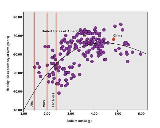 Bis zu einem gewissen Grad korreliert der tägliche Salzkonsum positiv mit der Lebenserwartung.
