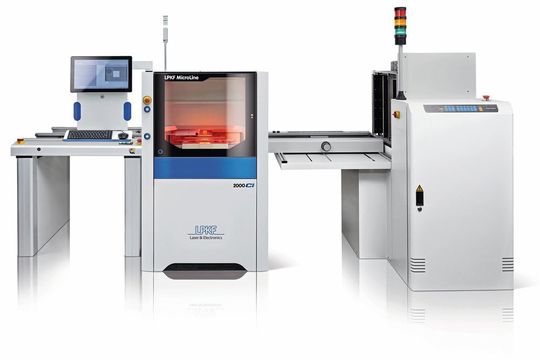 Für kurze Schneidzeiten und besonders effektives Vereinzeln von Leiter-platten sorgt ein neuer leistungsstarker Laser im Lasersystem LPKF MicroLine 2000 Ci. Für kurze Schneidzeiten und besonders effektives Vereinzeln von Leiter-platten sorgt ein neuer leistungsstarker Laser im Lasersystem LPKF MicroLine 2000 Ci.