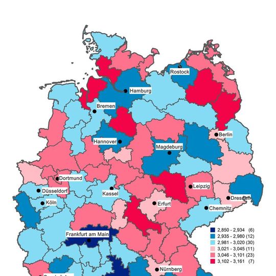Psychologische Deutschlandkarte zum Merkmal Neurotizismus (rote Werte: hoch, blaue Werte: niedrig). Psychologische Deutschlandkarte zum Merkmal Neurotizismus (rote Werte: hoch, blaue Werte: niedrig).