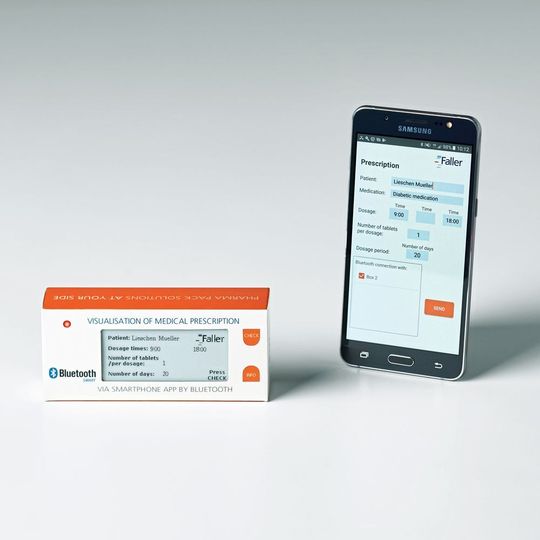 Eine eigens entwickelte App überträgt via Bluetooth die Einnahmeverordnung an die digitalisierte Faltschachtel. Eine eigens entwickelte App überträgt via Bluetooth die Einnahmeverordnung an die digitalisierte Faltschachtel.