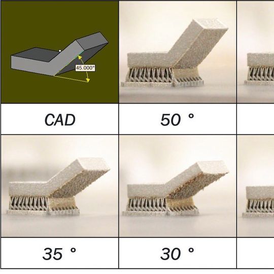 Winkel von 45° sind optimal. Winkel, die diesen Wert unterschreiten, benötigen Stützstrukturen, um das Objekt während der Fertigung stabil zu halten. Winkel von 45° sind optimal. Winkel, die diesen Wert unterschreiten, benötigen Stützstrukturen, um das Objekt während der Fertigung stabil zu halten.