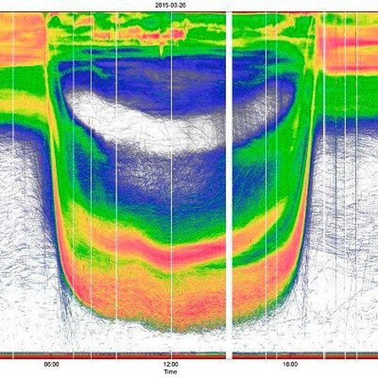 This echogram section displays the acoustic data showing the vertical and temporal distribution of fish within a 24-hour cycle. This echogram section displays the acoustic data showing the vertical and temporal distribution of fish within a 24-hour cycle.