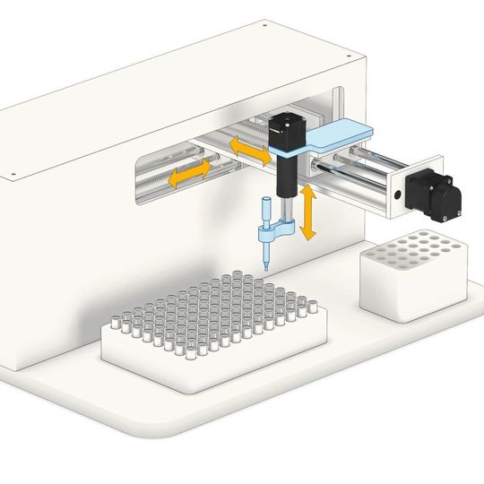 Pipettieranwendung mit eingebauter Verdrehschutzführung. Pipettieranwendung mit eingebauter Verdrehschutzführung.