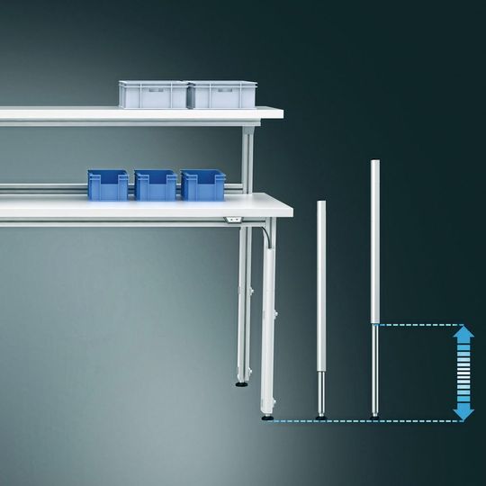 Bei dem System SMS Bolt on werden separate Aktuatoren (rechts) nachträglich an Tischbeine von Arbeitsplätzen montiert. Bei dem System SMS Bolt on werden separate Aktuatoren (rechts) nachträglich an Tischbeine von Arbeitsplätzen montiert.