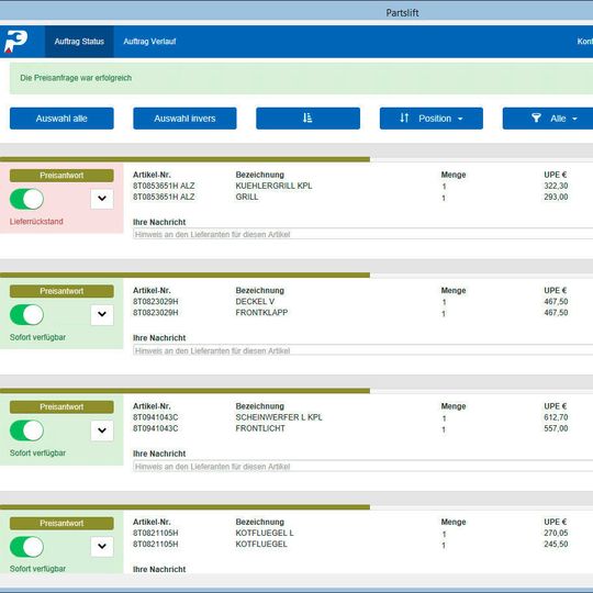 Das Webportal soll den Ersatzteileinkauf deutlich vereinfachen, hier das Beispiel für eine Preisanfrage. Das Webportal soll den Ersatzteileinkauf deutlich vereinfachen, hier das Beispiel für eine Preisanfrage.