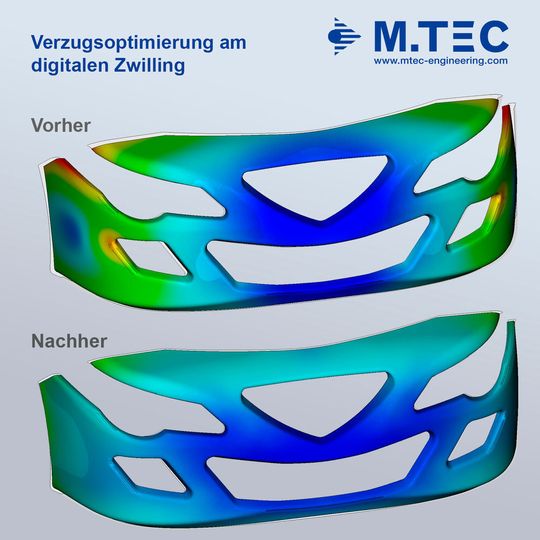 Hier ist eine Frontschürze zu sehen, die aus Kunststoff gefertigt werden soll. An diesem Beispiel will der Fakuma-Aussteller M.Tec zeigen, wie die Verzugsoptimierung von Bauteilen mithilfe eines digitalen Zwillings rasch und effizient geschehen kann. Gemeinschaftsstand 2209 der Feddersen-Gruppe in Halle B2. Hier ist eine Frontschürze zu sehen, die aus Kunststoff gefertigt werden soll. An diesem Beispiel will der Fakuma-Aussteller M.Tec zeigen, wie die Verzugsoptimierung von Bauteilen mithilfe eines digitalen Zwillings rasch und effizient geschehen kann. Gemeinschaftsstand 2209 der Feddersen-Gruppe in Halle B2.