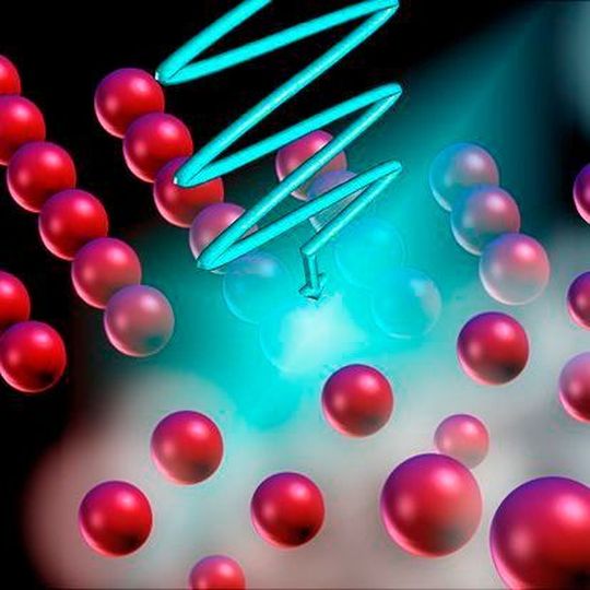 Durch die Bestrahlung der Quantenmaterie mit Licht, das in seiner Frequenz variiert, wird die die kristalline Ordnung unterdrückt und ein Suprafluid entsteht. Durch die Bestrahlung der Quantenmaterie mit Licht, das in seiner Frequenz variiert, wird die die kristalline Ordnung unterdrückt und ein Suprafluid entsteht.