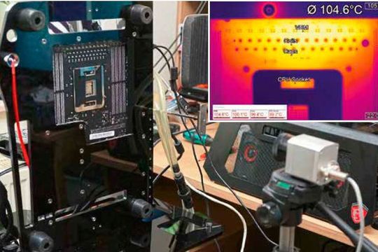 Bild1: Aufbau eines Mainboard-Stresstestests mit IR-Kamera und dem generierten Wärmebild. Bild1: Aufbau eines Mainboard-Stresstestests mit IR-Kamera und dem generierten Wärmebild.