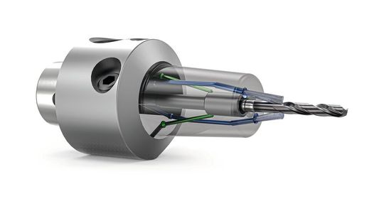 Grâce à la fabrication additive, Mapal est parvenu à équiper les mandrins de frettage dédiés au secteur miniature de sorties du liquide de coupe décentralisées Grâce à la fabrication additive, Mapal est parvenu à équiper les mandrins de frettage dédiés au secteur miniature de sorties du liquide de coupe décentralisées