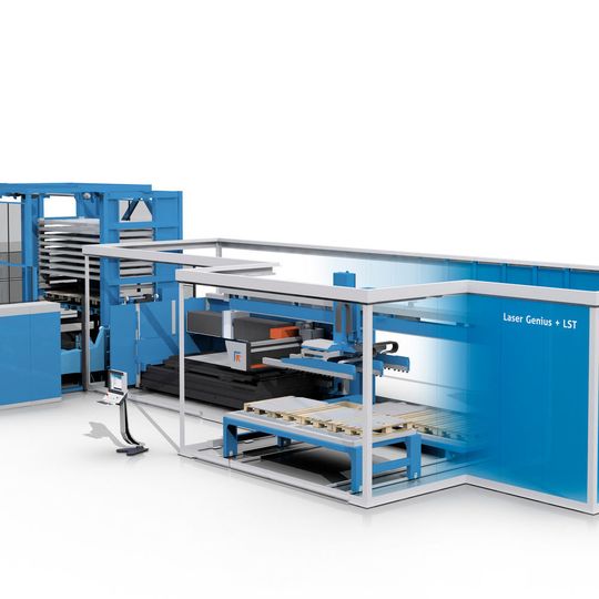 Prima Power präsentiert erstmals die automatisierte Lösung für das Faserlaserschneiden: die High-End-2D-Faserlaseranlage Laser Genius 1530, die vom flexiblen Lagersystem Combo Tower und dem automatischen Stapelsystem LST bestückt wird. Prima Power präsentiert erstmals die automatisierte Lösung für das Faserlaserschneiden: die High-End-2D-Faserlaseranlage Laser Genius 1530, die vom flexiblen Lagersystem Combo Tower und dem automatischen Stapelsystem LST bestückt wird.