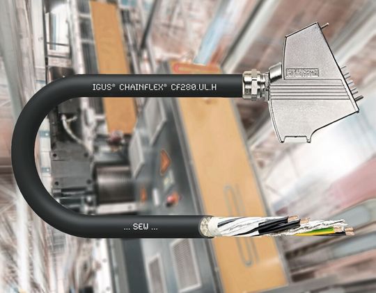 Mit der Chainflex-Hybridleitung CF280.UL.H bietet Igus Anwendern mit SEW-Motoren eine kostengünstige Antriebsleitung für den Einsatz in der E-Kette.