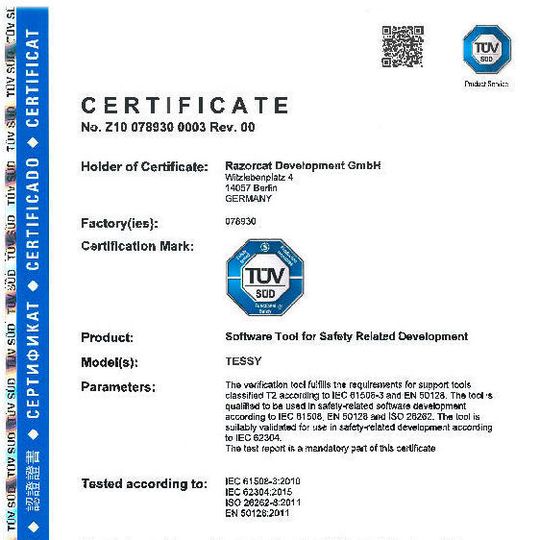 Der TÜV SÜD qualifiziert TESSY erneut für sicherheitsrelevante Entwicklungen. Der TÜV SÜD qualifiziert TESSY erneut für sicherheitsrelevante Entwicklungen.