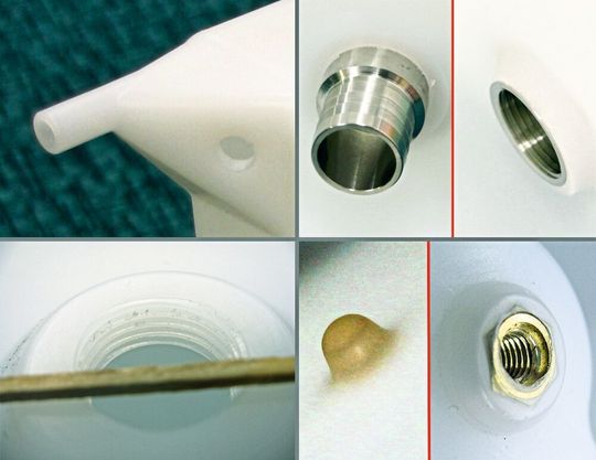 Das sind die Freiheitsgrade bei der Herstellung: Integrierter durchgängig hohler Stutzen (oben links), eingegossener durchgängiger Anschlussstutzen (oben rechts), ins Material geformter Gewindedurchlass (unten links) sowie vollständig in die Wand eingebetteter Gewindedübel (unten rechts).