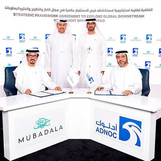 The agreement between Adnoc and Mubdala was signed by Abdulaziz Alhajri, Director of Adnoc’s Downstream Directorate and Musabbeh Al Kaabi, CEO of Petroleum and Petrochemicals, Mubadala. The agreement between Adnoc and Mubdala was signed by Abdulaziz Alhajri, Director of Adnoc’s Downstream Directorate and Musabbeh Al Kaabi, CEO of Petroleum and Petrochemicals, Mubadala.