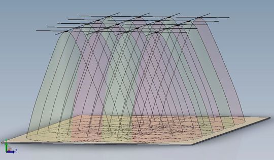 Wird ein Fahrzeug oder eine Person erfasst, aktivieren die vernetzten Sensoren an der Decke (Matrix) jeweils die unmittelbar benachbarten Sensoren in einem definierten Koordinaten-Informationskreis.