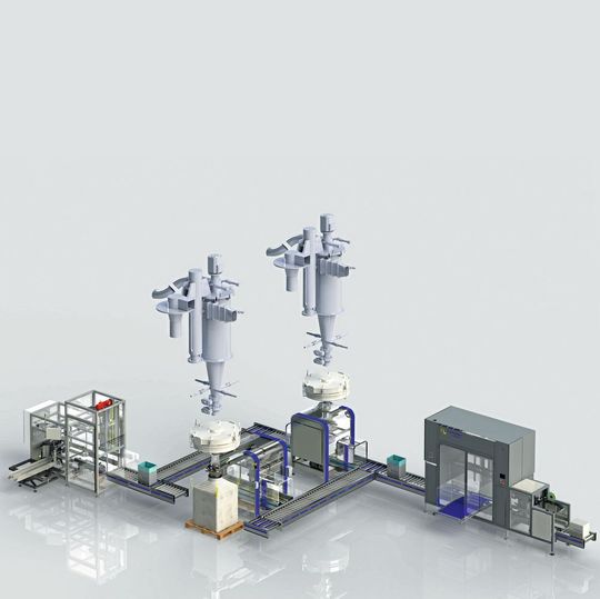 Vollautomatische Abfüllstation mit Kartonzuführer und -aufrichter, mechanischem Beutelverschließer und Etikettierer Vollautomatische Abfüllstation mit Kartonzuführer und -aufrichter, mechanischem Beutelverschließer und Etikettierer