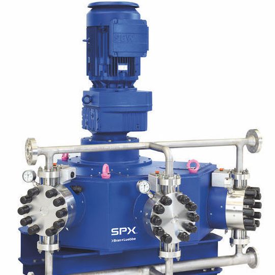 The Novaplex Vector process triplex diaphragm pump harnesses the proven diaphragm pump head design in a configuration that reduces installation footprint by arranging pump heads in three dimensions. The Novaplex Vector process triplex diaphragm pump harnesses the proven diaphragm pump head design in a configuration that reduces installation footprint by arranging pump heads in three dimensions.