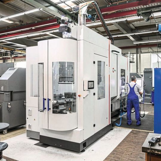 This shows the PW 150 pallet changer of the C 22 UP machining centre; in the foreground is the (rotating) setup station for loading the pallets/workpiece fixtures with workpieces or for removing the finished parts. This shows the PW 150 pallet changer of the C 22 UP machining centre; in the foreground is the (rotating) setup station for loading the pallets/workpiece fixtures with workpieces or for removing the finished parts.