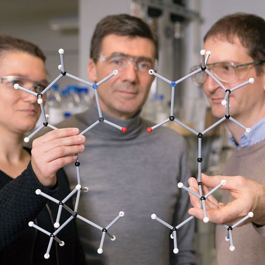 Die Erstautoren Alena Hölzl-Hobmeier und Andreas Bauer sowie Prof. Thorsten Bach (Mitte) mit den beiden Enantiomeren eines der untersuchten Alene. Die Erstautoren Alena Hölzl-Hobmeier und Andreas Bauer sowie Prof. Thorsten Bach (Mitte) mit den beiden Enantiomeren eines der untersuchten Alene.