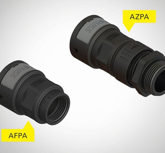 Zwei neue Produktgruppen – die Innengewindeverschraubung Afpa und die Zugentlastungs-Verschraubung Azpa – ergänzen das Verbindungssortiment der Serie Fiplock ONE von Fränkische Industrial Pipes. Zwei neue Produktgruppen – die Innengewindeverschraubung Afpa und die Zugentlastungs-Verschraubung Azpa – ergänzen das Verbindungssortiment der Serie Fiplock ONE von Fränkische Industrial Pipes.