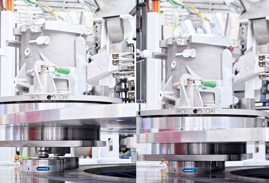 Der Rundtisch positioniert die Werkstückträgerpaletten über den Nullpunktspannmodulen (l.) ... und setzt sie auf diesen ab. Anschließend werden die Schunk Vero-S Module selbsthemmend und formschlüssig über ein Federpaket verriegelt (r.). Der Rundtisch positioniert die Werkstückträgerpaletten über den Nullpunktspannmodulen (l.) ... und setzt sie auf diesen ab. Anschließend werden die Schunk Vero-S Module selbsthemmend und formschlüssig über ein Federpaket verriegelt (r.).