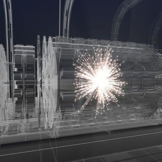 Artistic impression of a collision event at the centre of a future detector following preliminary design studies. Artistic impression of a collision event at the centre of a future detector following preliminary design studies.