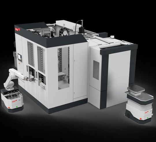 Ein „Palettenjongleur“ in Leipzig: Auf der Intec 2019 präsentiert Starrag unter anderem das Automatisierungssystem „Heckert AV@pallet“, das komplette Maschinenpaletten samt Werkstück vom zentralen Rüstplatz in einen freistehenden Palettenspeicher oder direkt zur Maschine und wieder zurück zum zentralen Rüstplatz transportieren kann. Ein „Palettenjongleur“ in Leipzig: Auf der Intec 2019 präsentiert Starrag unter anderem das Automatisierungssystem „Heckert AV@pallet“, das komplette Maschinenpaletten samt Werkstück vom zentralen Rüstplatz in einen freistehenden Palettenspeicher oder direkt zur Maschine und wieder zurück zum zentralen Rüstplatz transportieren kann.