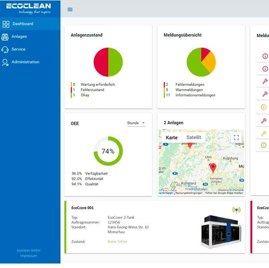 Definierte, von der Steuerung der Anlage generierte Daten werden über eine sichere Verbindung an die Cloud übertragen. Hier werden sie entsprechend den neuesten Technologien und Infrastrukturen gespeichert, ausgewertet und intelligent verknüpft. Die Visualisierung erfolgt in Form eines Dashboards auf Desktop oder Tablet. Definierte, von der Steuerung der Anlage generierte Daten werden über eine sichere Verbindung an die Cloud übertragen. Hier werden sie entsprechend den neuesten Technologien und Infrastrukturen gespeichert, ausgewertet und intelligent verknüpft. Die Visualisierung erfolgt in Form eines Dashboards auf Desktop oder Tablet.