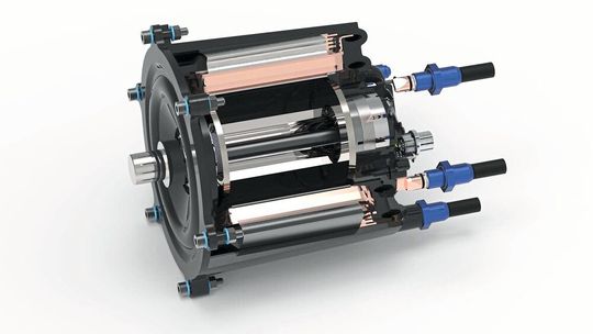 Schnittdarstellung des Elektromotors. Kernstück des Motors bildet ein Stator aus zwölf Einzelzähnen, die mit einem Flachdraht hochkant umwickelt sind.
