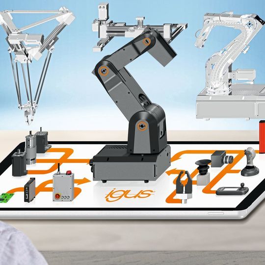 Auf der Hannover Messe 2019 zeigt Igus ein Marktplatzmodell, das den unterschiedlichsten Anwendern online dabei helfen soll, die für sie individuell passende Automatisierungslösung schnell zu finden und zu konfigurieren oder zu bauen. Das „Rohboter“-Grundgerüst ist unter anderem ein Gelenkarm aus Kunststoff mit der Bezeichnung Robolink DC. Auf der Hannover Messe 2019 zeigt Igus ein Marktplatzmodell, das den unterschiedlichsten Anwendern online dabei helfen soll, die für sie individuell passende Automatisierungslösung schnell zu finden und zu konfigurieren oder zu bauen. Das „Rohboter“-Grundgerüst ist unter anderem ein Gelenkarm aus Kunststoff mit der Bezeichnung Robolink DC.