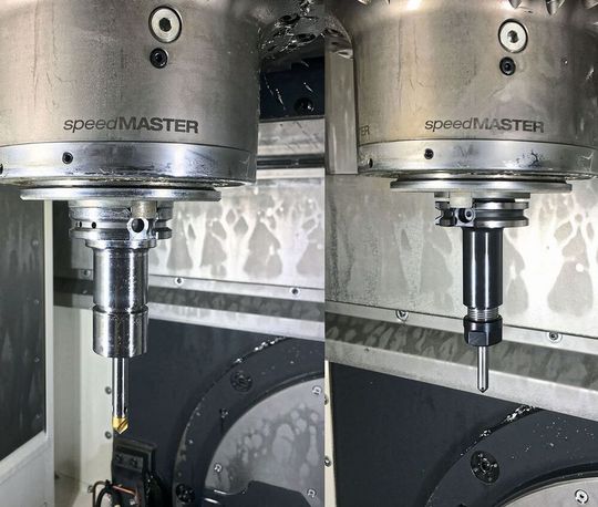 Die Speedmaster-BDV40-Spindel mit Planauflage durch die Big-Plus-Werkzeugaufnahme (links) verglichen mit einer Standard-SK40-Werkzeugaufname (rechts). Nutzt man laut Big Kaiser das Big-Plus-Doppekontaktspindelsystem kann man beim Fräsen viel schlummerndes Leistungspotenzial aus bereits bestehenden Fertigungssystemen wecken. So geschehen, beim Sportwaffenhersteller Hera im Spessart. Die Speedmaster-BDV40-Spindel mit Planauflage durch die Big-Plus-Werkzeugaufnahme (links) verglichen mit einer Standard-SK40-Werkzeugaufname (rechts). Nutzt man laut Big Kaiser das Big-Plus-Doppekontaktspindelsystem kann man beim Fräsen viel schlummerndes Leistungspotenzial aus bereits bestehenden Fertigungssystemen wecken. So geschehen, beim Sportwaffenhersteller Hera im Spessart.