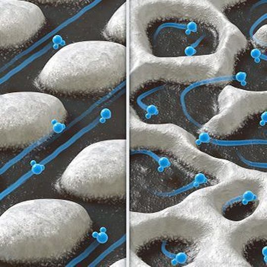 Schematic depictions of membranes with ordered (left) and disordered (right) channel structures. Schematic depictions of membranes with ordered (left) and disordered (right) channel structures.