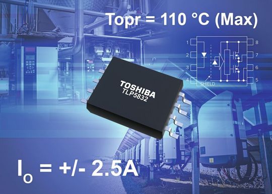 Der Gate-Treiber-Optokopplers im SO8L-Gehäuse mit der Bezeichnung TLP5832 von Toshiba liefert am Ausgang einen Spitzenstrom von 2,5 A . Der Gate-Treiber-Optokopplers im SO8L-Gehäuse mit der Bezeichnung TLP5832 von Toshiba liefert am Ausgang einen Spitzenstrom von 2,5 A .