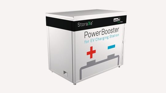 Das kompakte Outdoor-Batteriesystem „Power Booster“ liefert hohe Leistung an Schnellladestationen und wird mit niedriger Leistung nachgeladen. Das kompakte Outdoor-Batteriesystem „Power Booster“ liefert hohe Leistung an Schnellladestationen und wird mit niedriger Leistung nachgeladen.