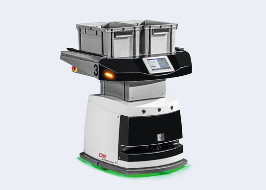 Auf einer Demonstrationsfläche in Halle 14 wird FTS Sally für Lasten bis 100 kg präsentiert. Das FTS navigiert selbständig durch den Raum.