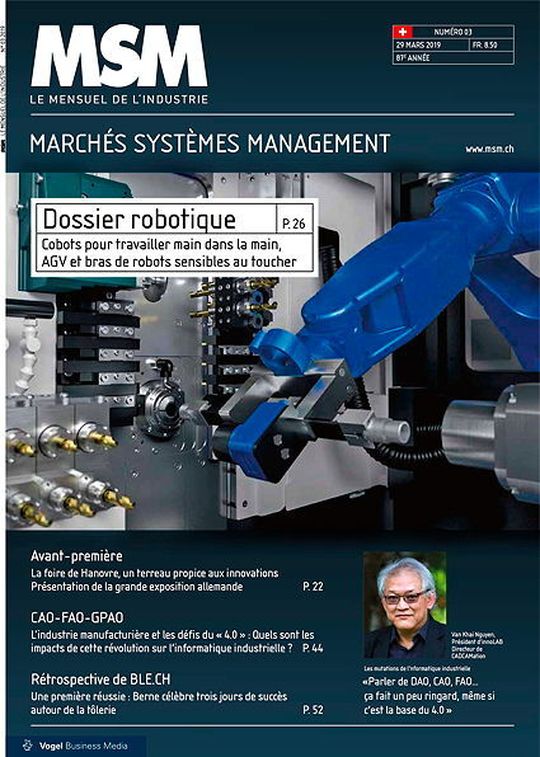 La page de couverture du MSM 3 avec une application d'automatisation par bras robotisé de Tornos en arrière plan.