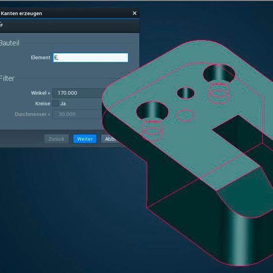 Bauteilkanten automatisch erkennen und Bohrungen auf Wunsch ausschließen – das ist mit Tebis möglich. Bauteilkanten automatisch erkennen und Bohrungen auf Wunsch ausschließen – das ist mit Tebis möglich.