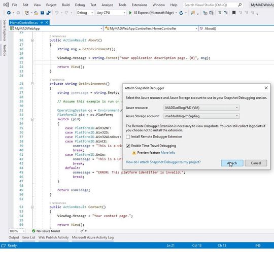 Das Time Travel Feature ist direkt in den Snapshot Debugger von Visual Studio Enterprise integriert. Das Time Travel Feature ist direkt in den Snapshot Debugger von Visual Studio Enterprise integriert.