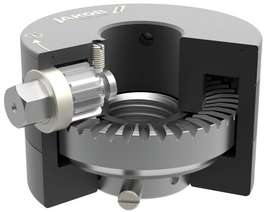 Kraftspannmutter MDR mit seitlich angeordnetem Bediensechskant und Durchgangsgewinde. Ein spezielles Kronenradgetriebe vervielfältigt das Anzugsmoment.