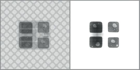 Voids können in Lötstellen von LEDs die optimale Wärmeabführung verhindern. Die 3D-AXI-Bildqualität (rechts) im Vergleich zu 2D-AXI (links). Voids können in Lötstellen von LEDs die optimale Wärmeabführung verhindern. Die 3D-AXI-Bildqualität (rechts) im Vergleich zu 2D-AXI (links).