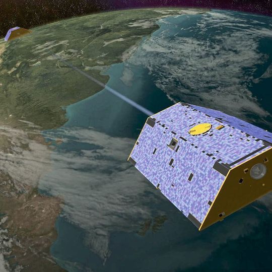 Illustration des Satellitenduos „Grace“ im Orbit Illustration des Satellitenduos „Grace“ im Orbit