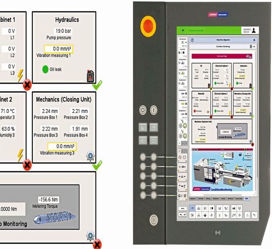Wittmann Battenfeld bietet jetzt sowohl für hydraulische als auch servohydraulische Spritzgießmaschinen optional ein CMS (Condition Monitoring System) an, das die umfangereiche vorausschauende Wartung (Predictive Maintenance) erlaubt. Hier ein kleiner Ausschnitt auf einige Zustandswerte, die man auf der B8-Maschinensteuerung damit im Blick hat. Wittmann Battenfeld bietet jetzt sowohl für hydraulische als auch servohydraulische Spritzgießmaschinen optional ein CMS (Condition Monitoring System) an, das die umfangereiche vorausschauende Wartung (Predictive Maintenance) erlaubt. Hier ein kleiner Ausschnitt auf einige Zustandswerte, die man auf der B8-Maschinensteuerung damit im Blick hat.