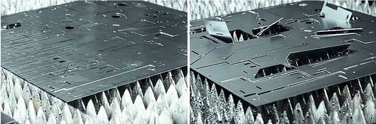 Le nouvel algorithme de découpe de Bystronic élimine les risques de relevage des pièces découpées au laser. À gauche : résultat de coupe parfait avec « TiltPrevention ». A droite : Montée des pièces après découpe au laser sans « TiltPrevention ». Le nouvel algorithme de découpe de Bystronic élimine les risques de relevage des pièces découpées au laser. À gauche : résultat de coupe parfait avec « TiltPrevention ». A droite : Montée des pièces après découpe au laser sans « TiltPrevention ».